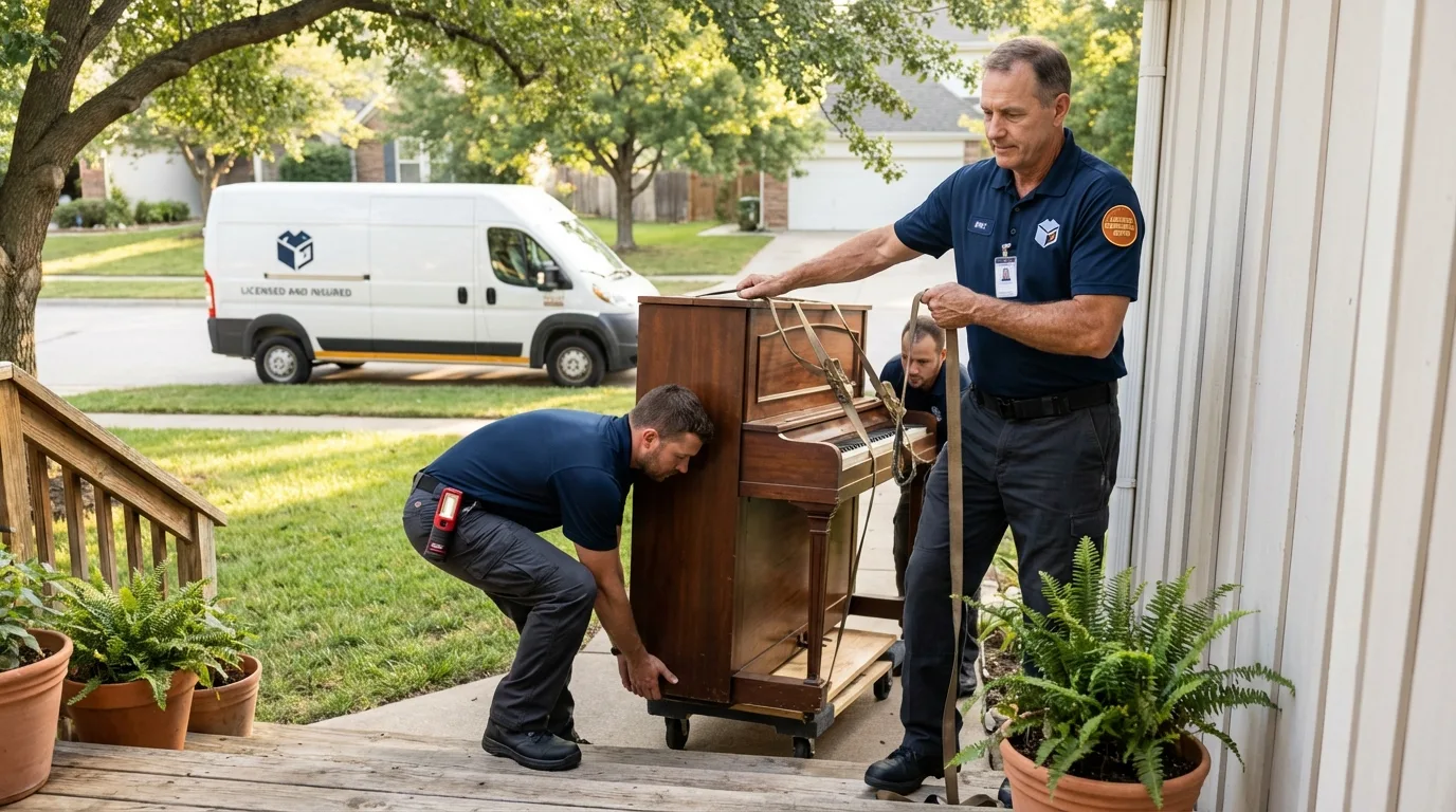 Licensed piano movers securing grand piano in Cedar Grove, WI
