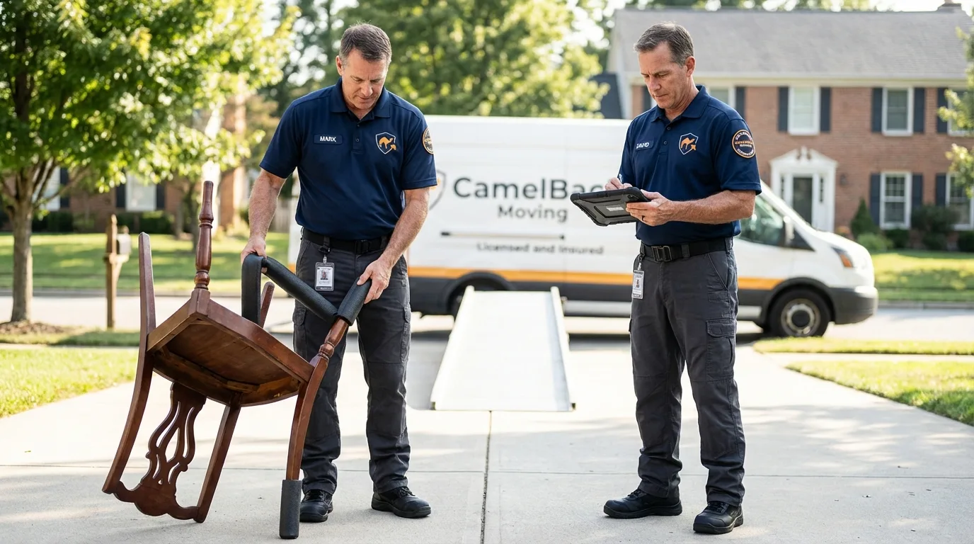 Movers inspecting furniture for damage prevention before loading in Cedar Grove, WI