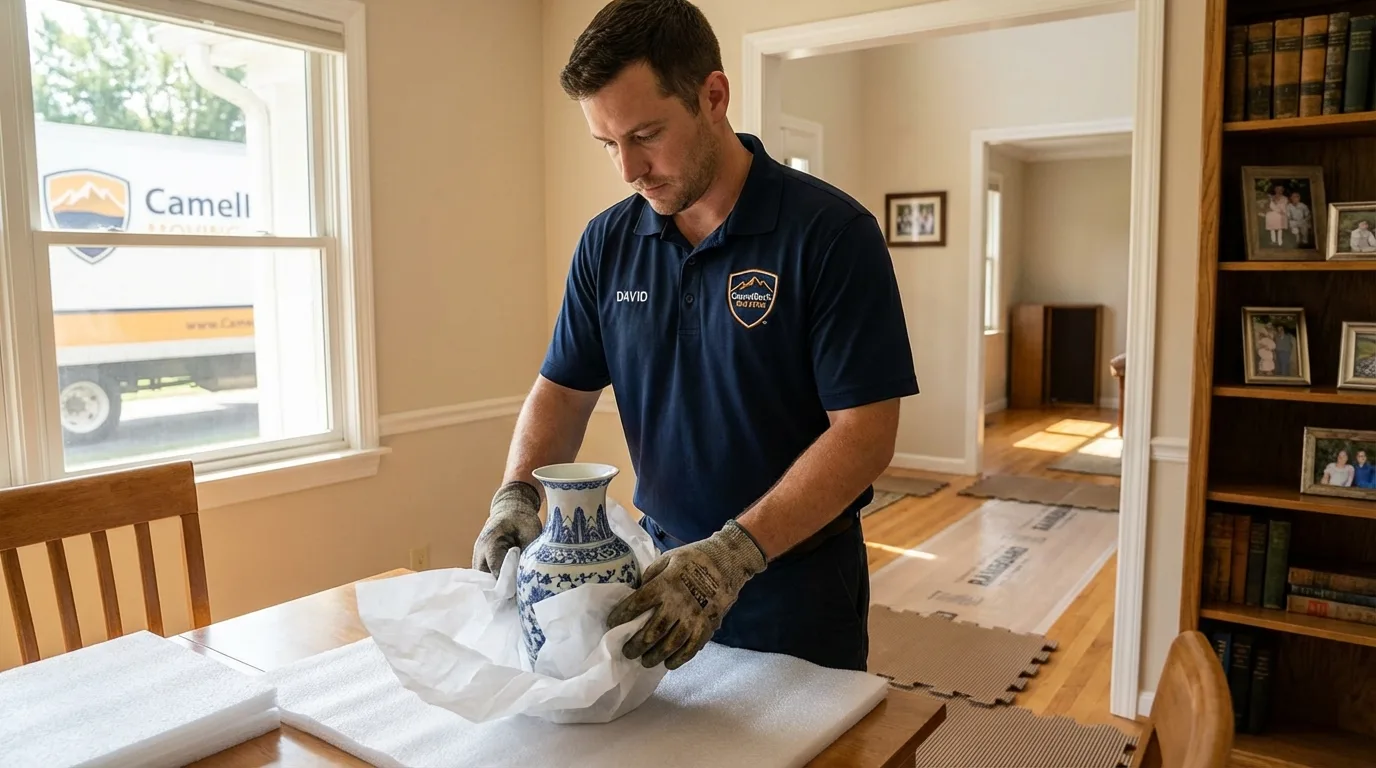 Professional crew carefully wrapping antique vase for senior downsizing move in Cedar Grove, WI