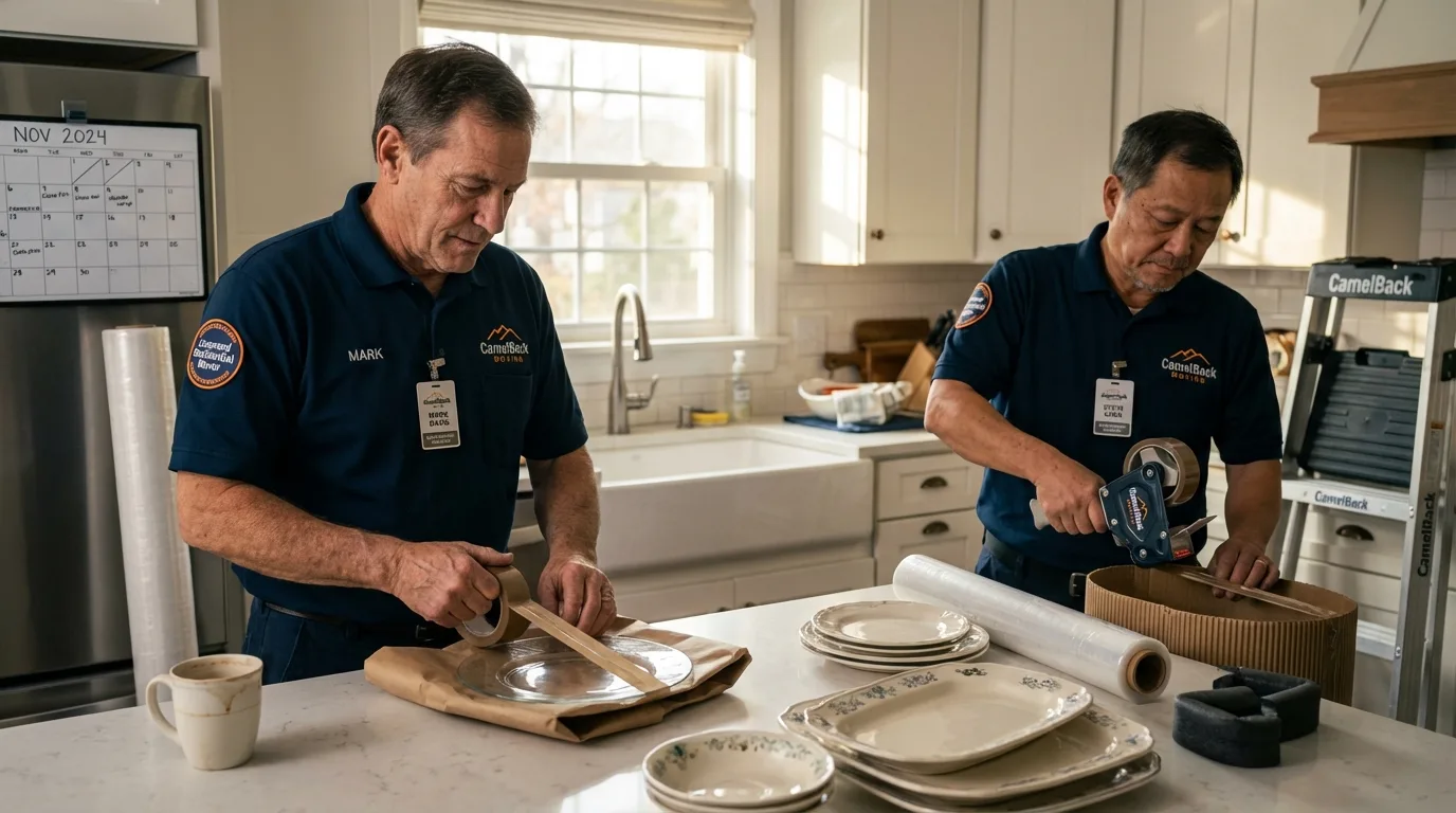 Professional crew packing kitchen dishware in Cedar Grove, WI